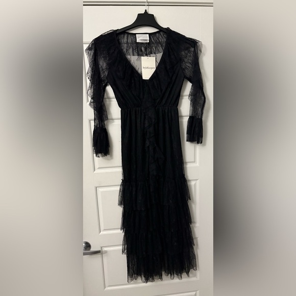 NWT STYLEKEEPERS Black Lace Sheer Ruffle Midi Chic Fashion Trend Dress Small S - Picture 6 of 14